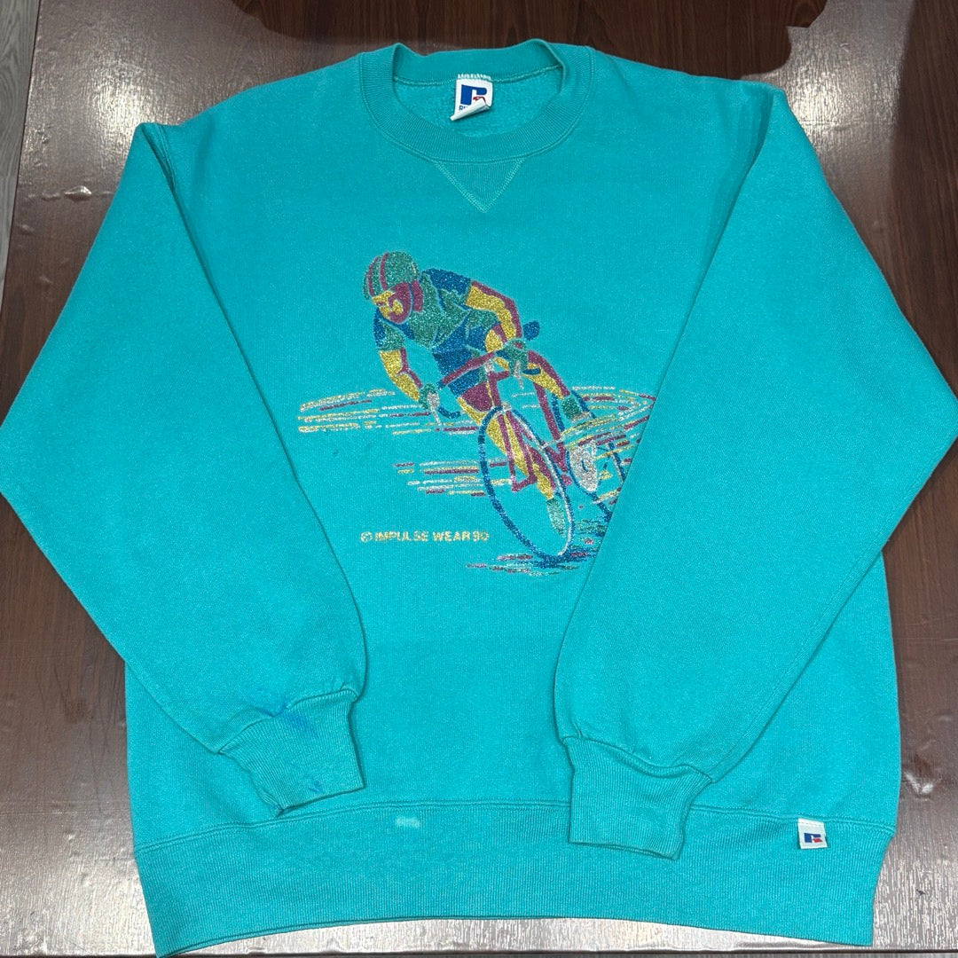 90s Russell sweat glitter print bicycle Made in USA / ラッセル　スウェット　ラメプリント　自転車　アメリカ製